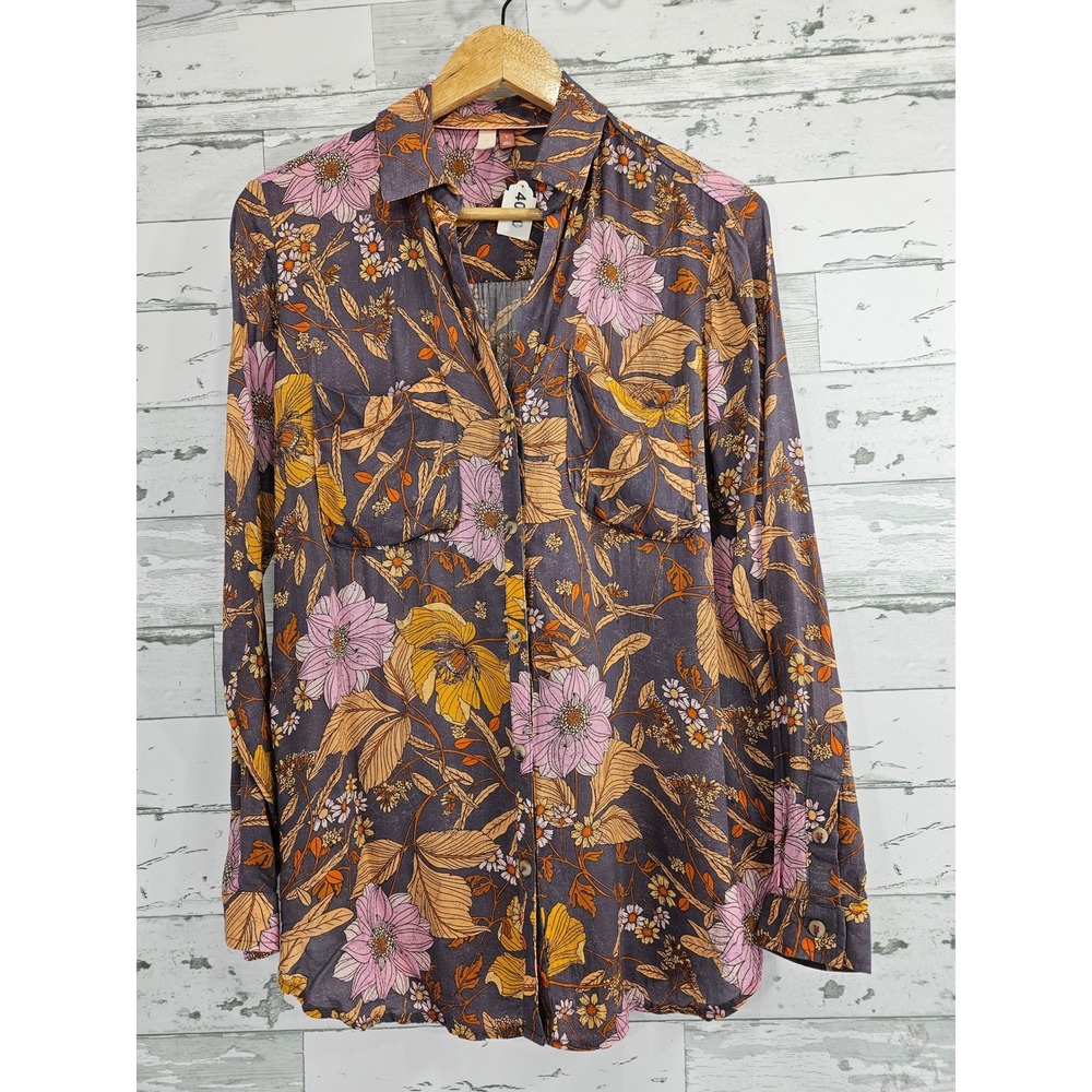 Pilcro Anthropologie Floral Button Down Shirt Dark Purple Pink Orange Small
